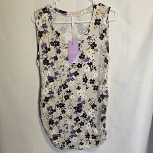 Anydoll L Floral Sleeveless V Neck Ruched Tank Top Women Beige Purple